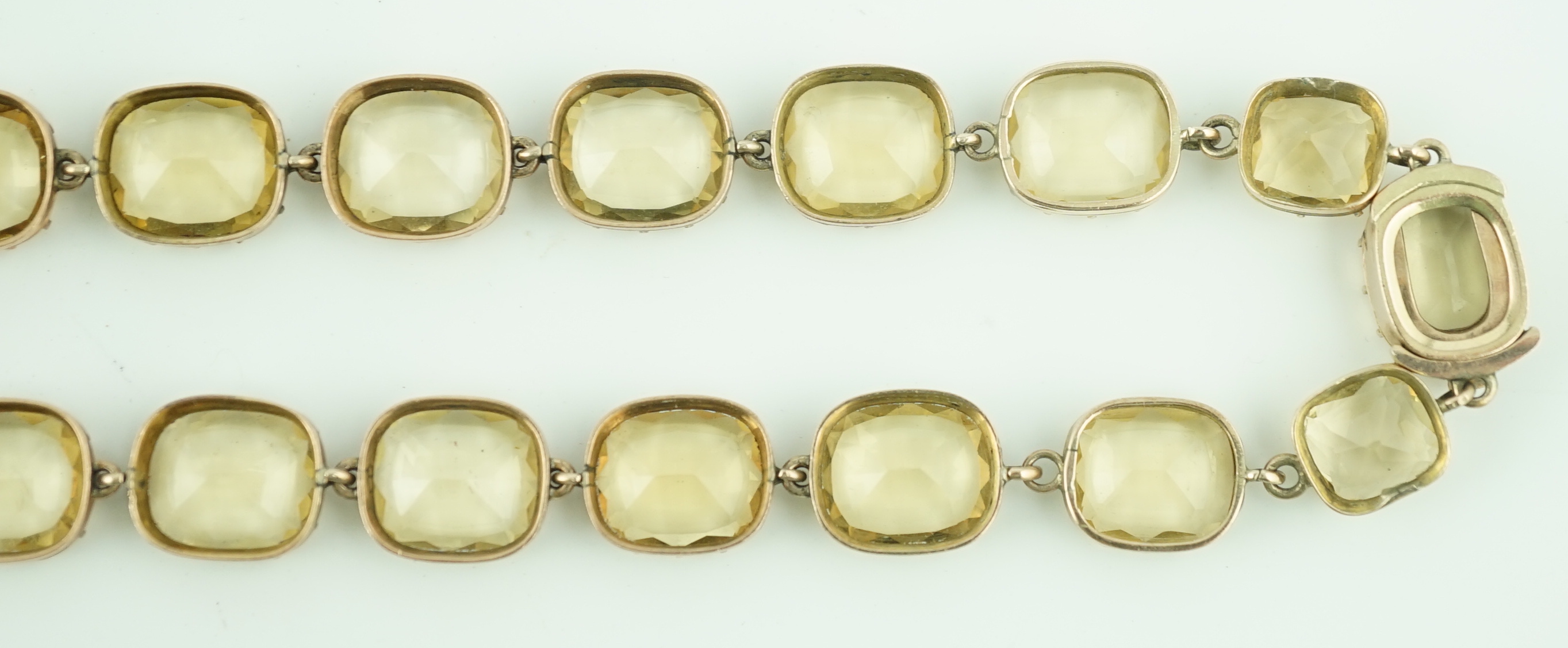 A Victorian gold and graduated cushion cut citrine necklace